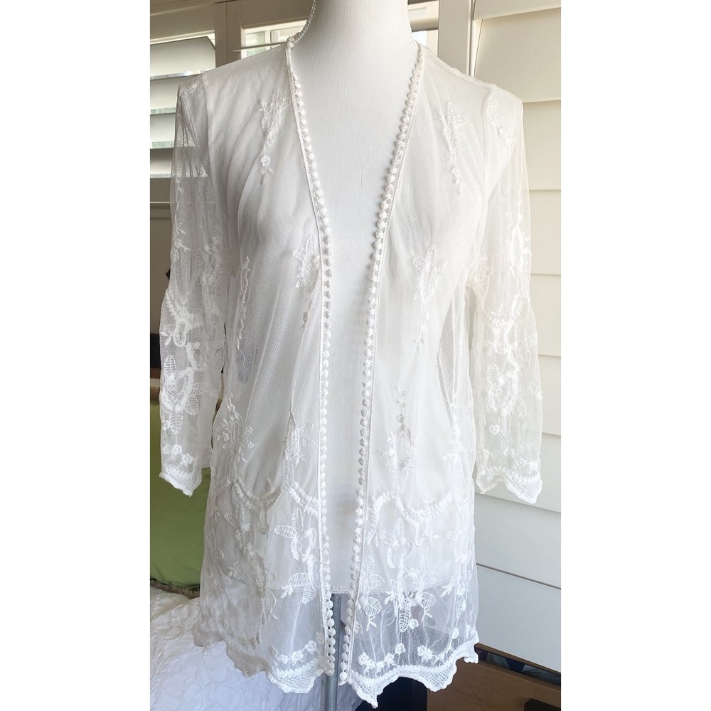 Lace Cardigan S White Shrug Sheer embroidered Drape Jacket Feminine Coquette